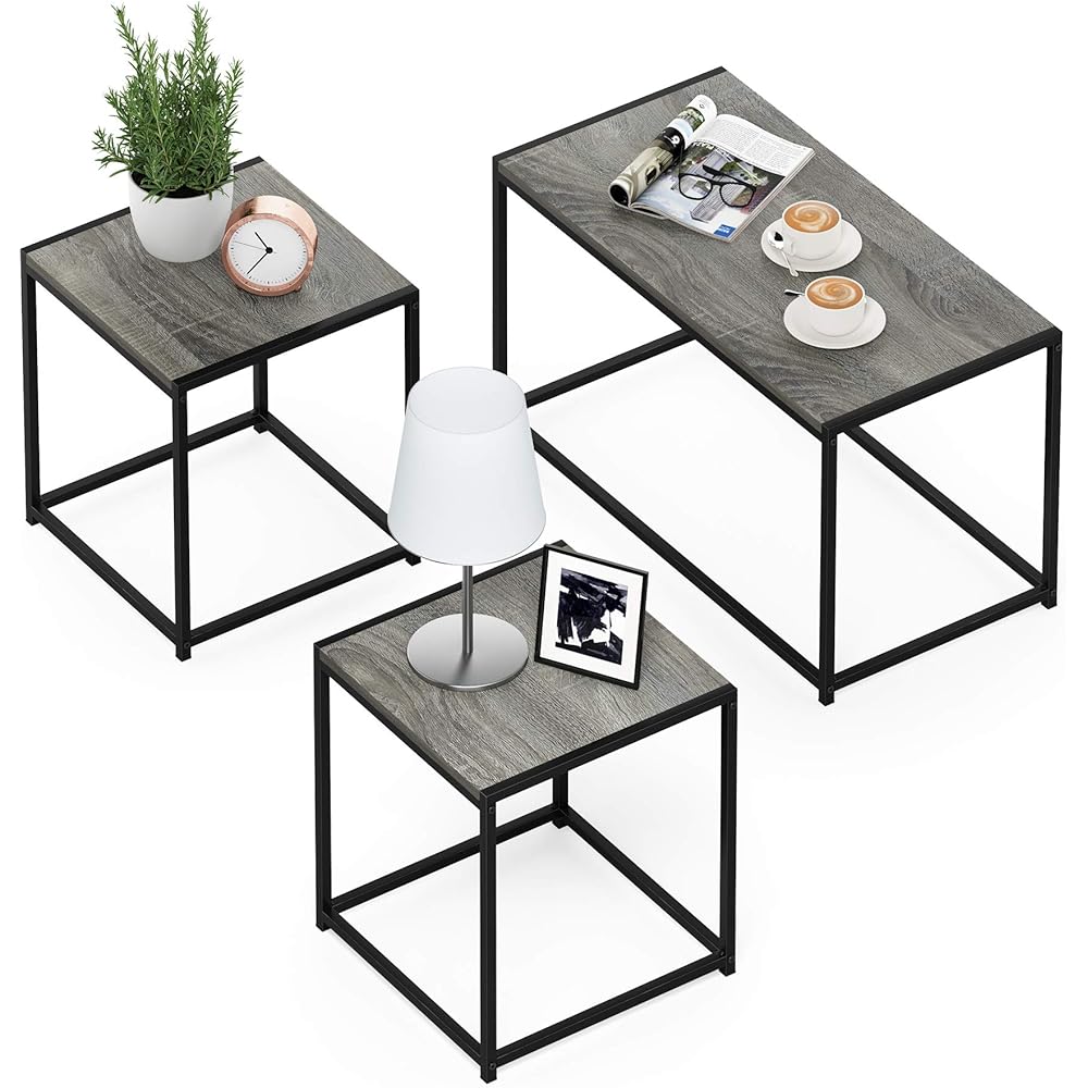 Furinno Camus Modern Living Room Coffee Table with 2 End Tables Set, French Oak Grey : Home & Kitchen