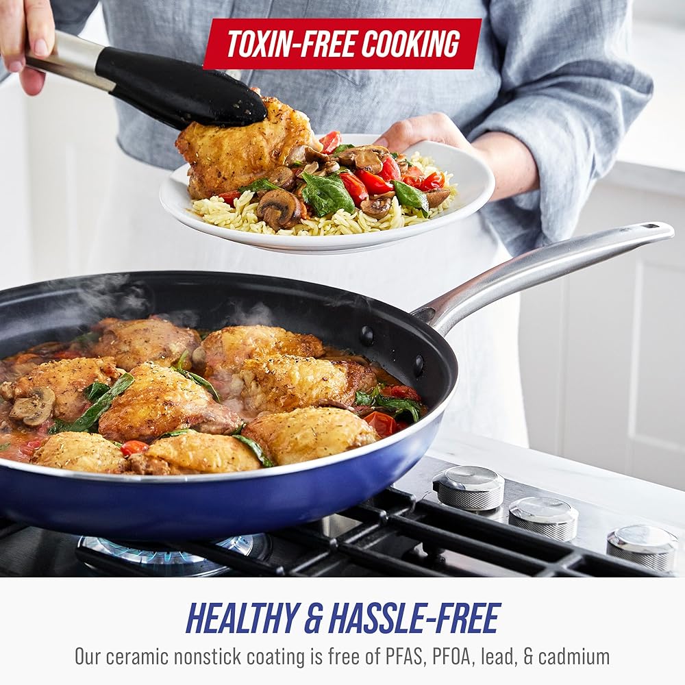 Blue Diamond 14 Piece Nonstick Cookware Set, Diamond Ceramic Pots & Pans, Dishwasher & Metal Utensil Safe, Non Toxic PFAS-Free, Kitchen Cooking Sauce & Saute Pans, Oven & Broiler to 600F, Blue: Home & Kitchen