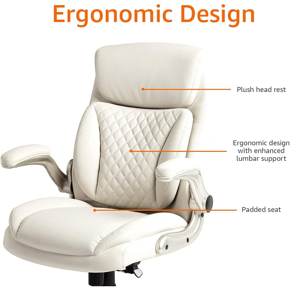 Amazon Basics Ergonomic Executive Office Desk Chair with Lumbar Support, Flip-up Armrests, Adjustable Height, Cream Leather : Office Products