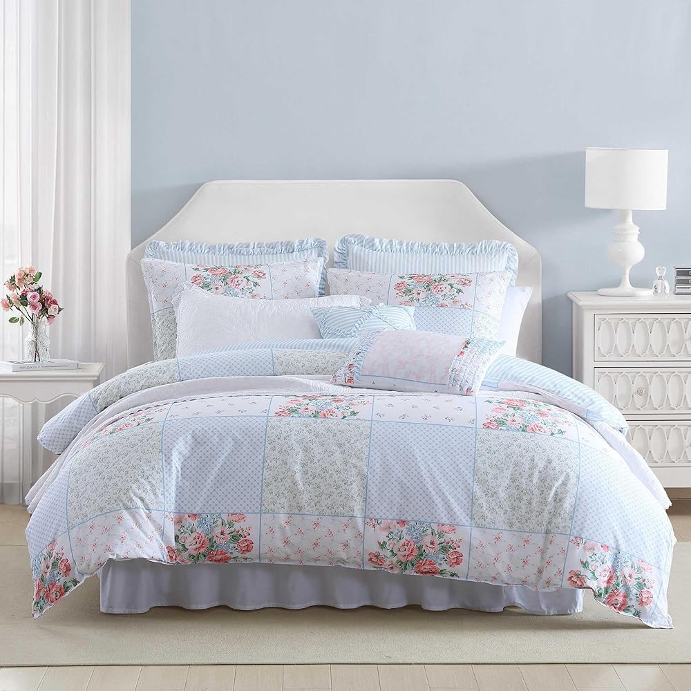 Laura Ashley - Comforter Set, Super Soft Bedding with Matching Shams, Includes Bonus Throw Pillow Covers, Chic Room Decor (Hope Patchwork Blue, Full/Queen) : Home & Kitchen