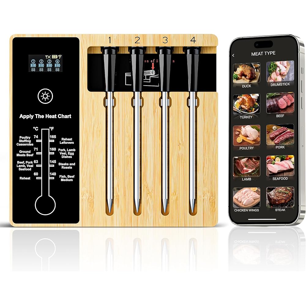 Smart Wireless Meat Thermometer 4 Probes, Bluetooth Food Thermometer, Remote Tracking and Real-Time Readings from Apps, for iOS and Android, for BBQ, Grill, Smoker, Nigogor Heat-Resistant Probes: Home & Kitchen