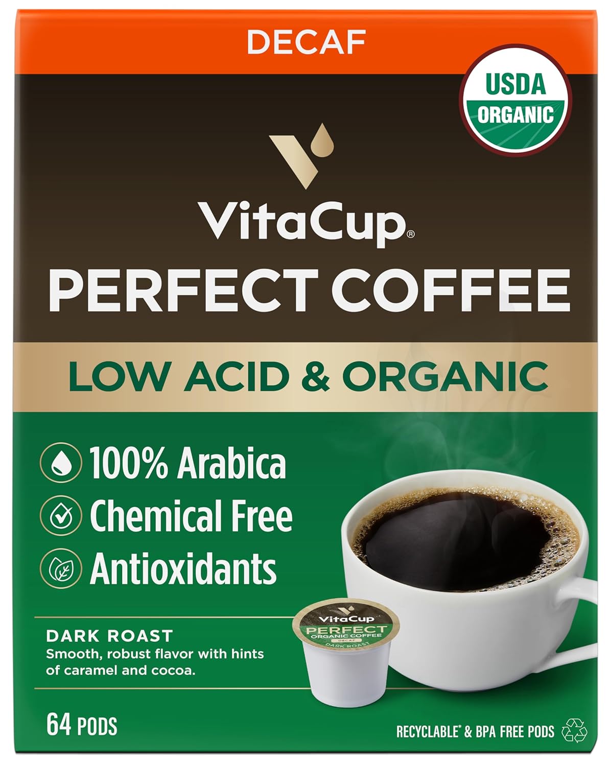 VitaCup Organic Perfect Dark Roast Decaf Coffee Pod for Pure & Clean Energy, Antioxidants, Low Acid, Peru Single Origin in Recyclable Single Serve Pod Compatible with Keurig K-Cup Brewers, 64 CT : Grocery & Gourmet Food