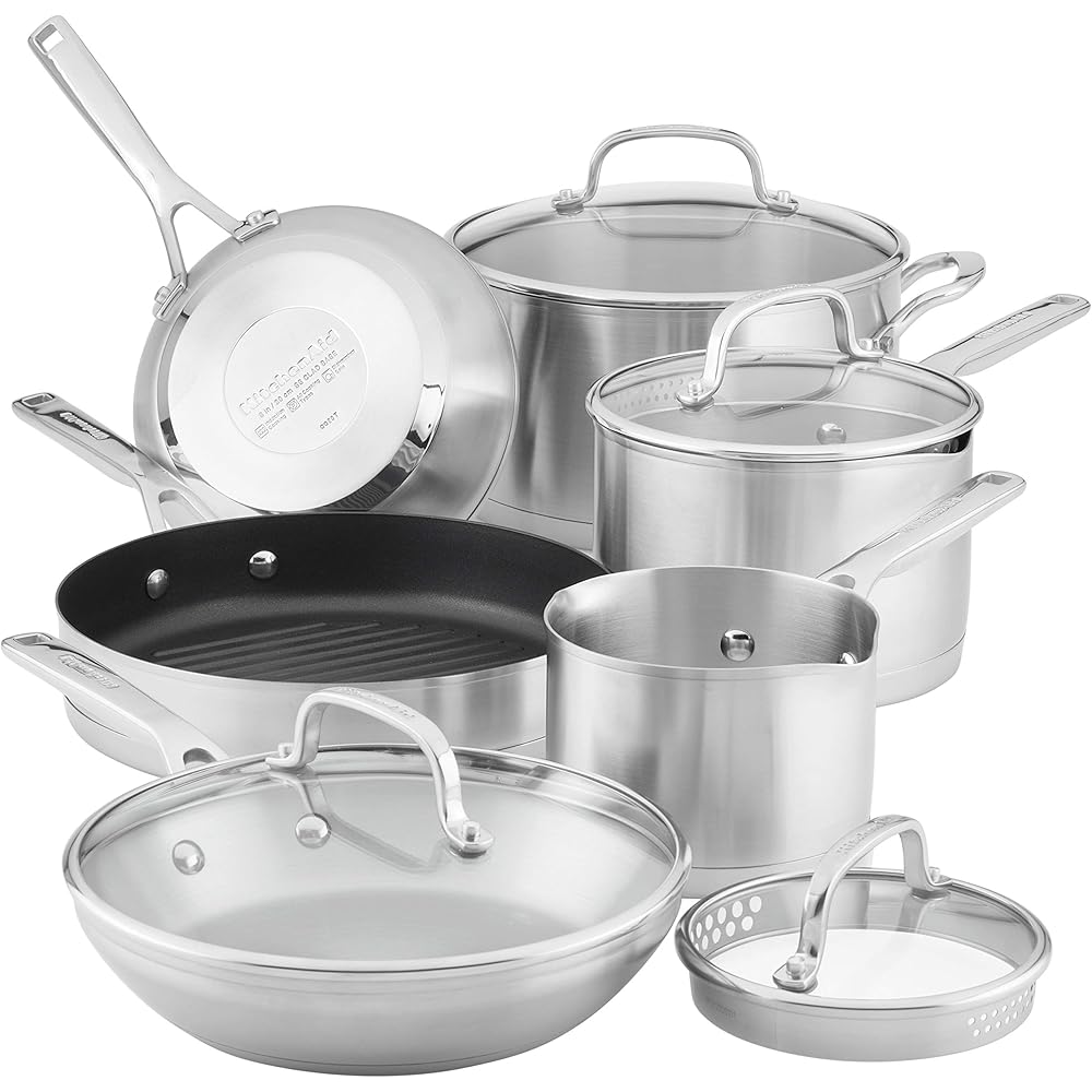 KitchenAid 3-Ply Base Stainless Steel Cookware Pots and Pans Set, 10 Piece, Brushed Stainless: Home & Kitchen
