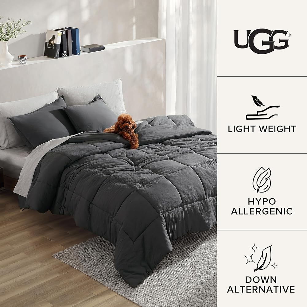 UGG Leonora Comforter Set with 2 Pillow Shams Lightweight Down Alternative Blanket Reversible Cozy Warm All Season Washable and Hypoallergenic Bedding Set, Full/Queen, Charcoal Grey : Home & Kitchen