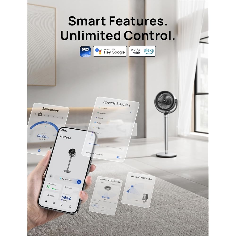 Dreo Oscillating Fan for Bedroom,150°+120° Omni-Directional Quiet Floor Fans with Smart Control, 110ft Pedestal Fan with DC Motor, 9 Speeds, 6 Modes, 43'' Inches, 12H Timer, Wi-Fi/Voice/Alexa : Home & Kitchen