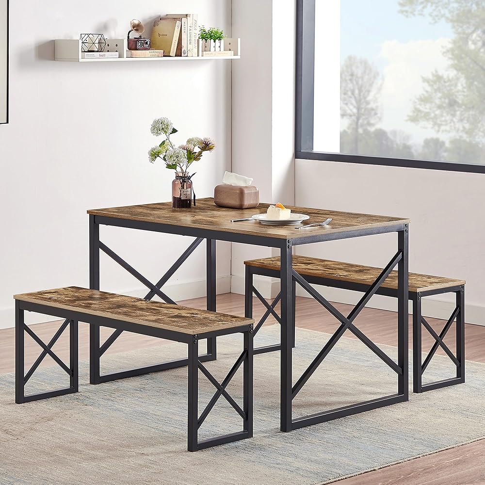 - VECELO Kitchen Table with 2 Benches for 4, Wood Dining Room Dinette Sets for Breakfast Nook and Small Space, Brown - Table Benches