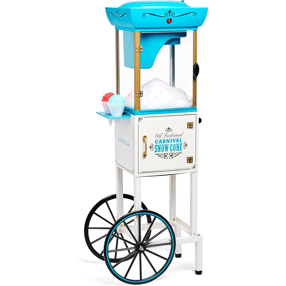 Nostalgia Snow Cone Shaved Ice Machine - Retro Cart Slushie Machine Makes 48 Icy Treats - Includes Metal Scoop, Storage Compartment, Wheels for Easy Mobility - White, Blue: Shaved Ice Machines: Home & Kitchen
