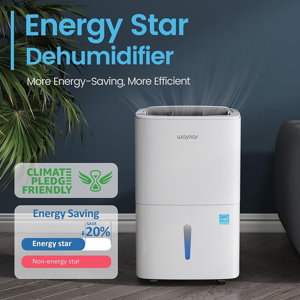 - Waykar 80 Pints Energy Star Home Dehumidifier for Spaces up to 5,000 Sq. Ft at Home, in Basements and Large Rooms with Drain Hose, Handle, Auto Defrost and Self-Drying.