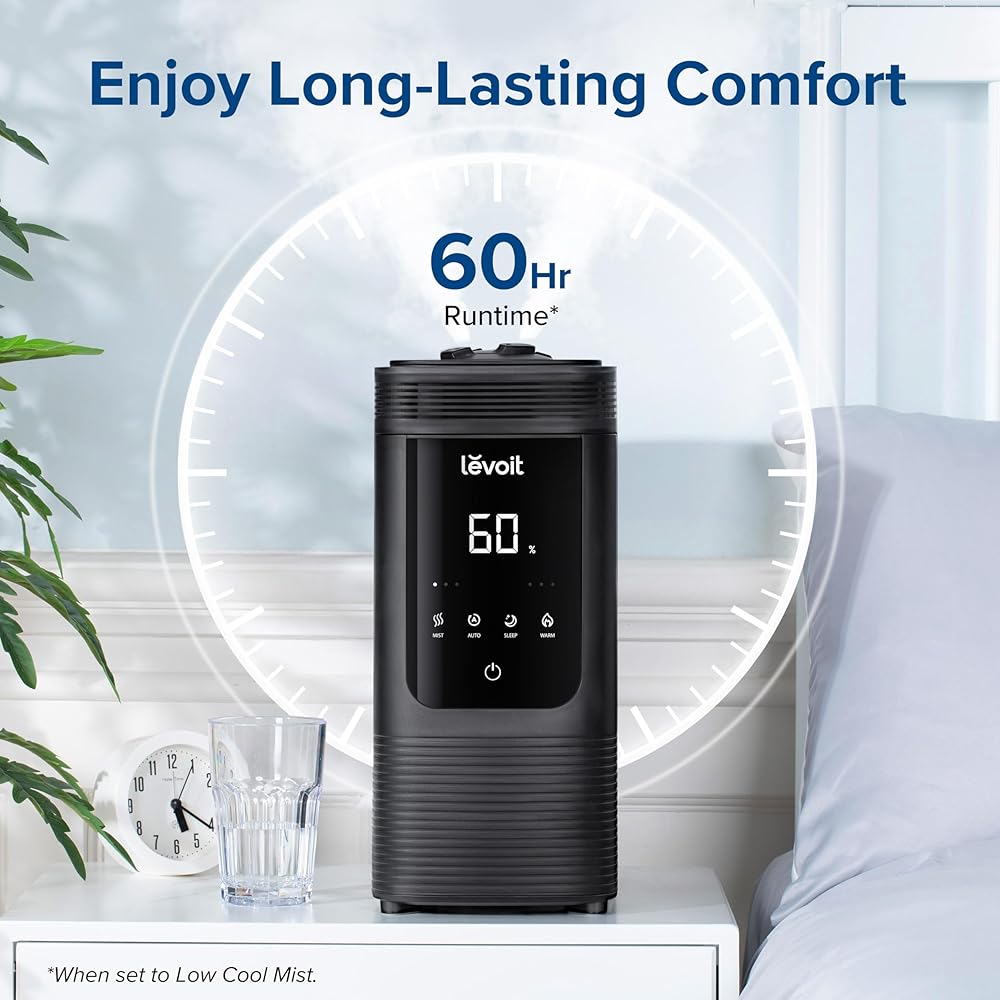 LEVOIT 6L Smart Warm and Cool Mist Humidifiers for Home Bedroom, 60H Runtime and Auto Customized Humidity for Large room, Schedule, Easy Top Fill, Essential Oil Diffuser, Whisper-Quiet, Handle, Black : Home & Kitchen