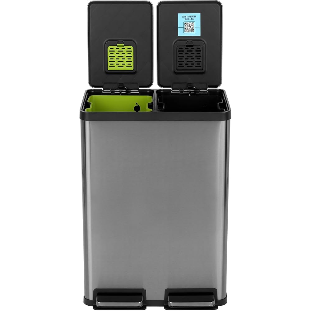 SIMPLI-MAGIC 16 Gallon (60L) Elegant Black Step Trash Can – Dual Compartment Kitchen Garbage Can with Waste & Recycling Bins – Slow-Close Lid, Odor Control, Hands-Free, Premium Stainless Steel