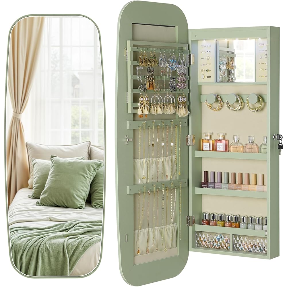 Nicetree LED Mirror Jewelry Cabinet, Rounded Jewelry Armoire Organizer, Wall or Door Mounted Jewelry Organizer with Interior Mirror, Lockable Wide Mirror with Jewelry Storage, 2 Drawers, Green : Clothing, Shoes & Jewelry