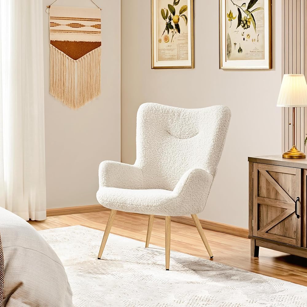 Yaheetech Accent Chair, Modern Boucle Vanity Chair with High Back and Wood-Tone Metal Legs, Sherpa Chair for Living Room, Home Office, Ivory : Home & Kitchen