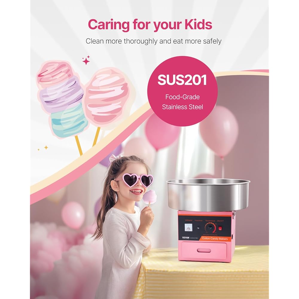 VEVOR Electric Cotton Candy Machine, 1000W Commercial Floss Maker w/Stainless Steel Bowl, Sugar Scoop and Drawer, Perfect for Home, Carnival, Kids Birthday, Family Party, Pink : Everything Else