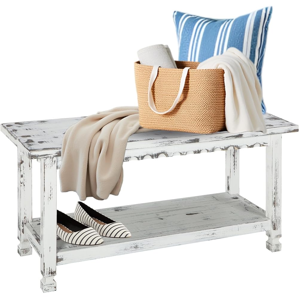- Country Cottage 36-Inch Farmhouse Entryway Bench with Storage Shelf – Solid Pine Wood Bench in Distressed White for Hallway, Bedroom, or Mudroom by Alaterre Furniture - Table Benches