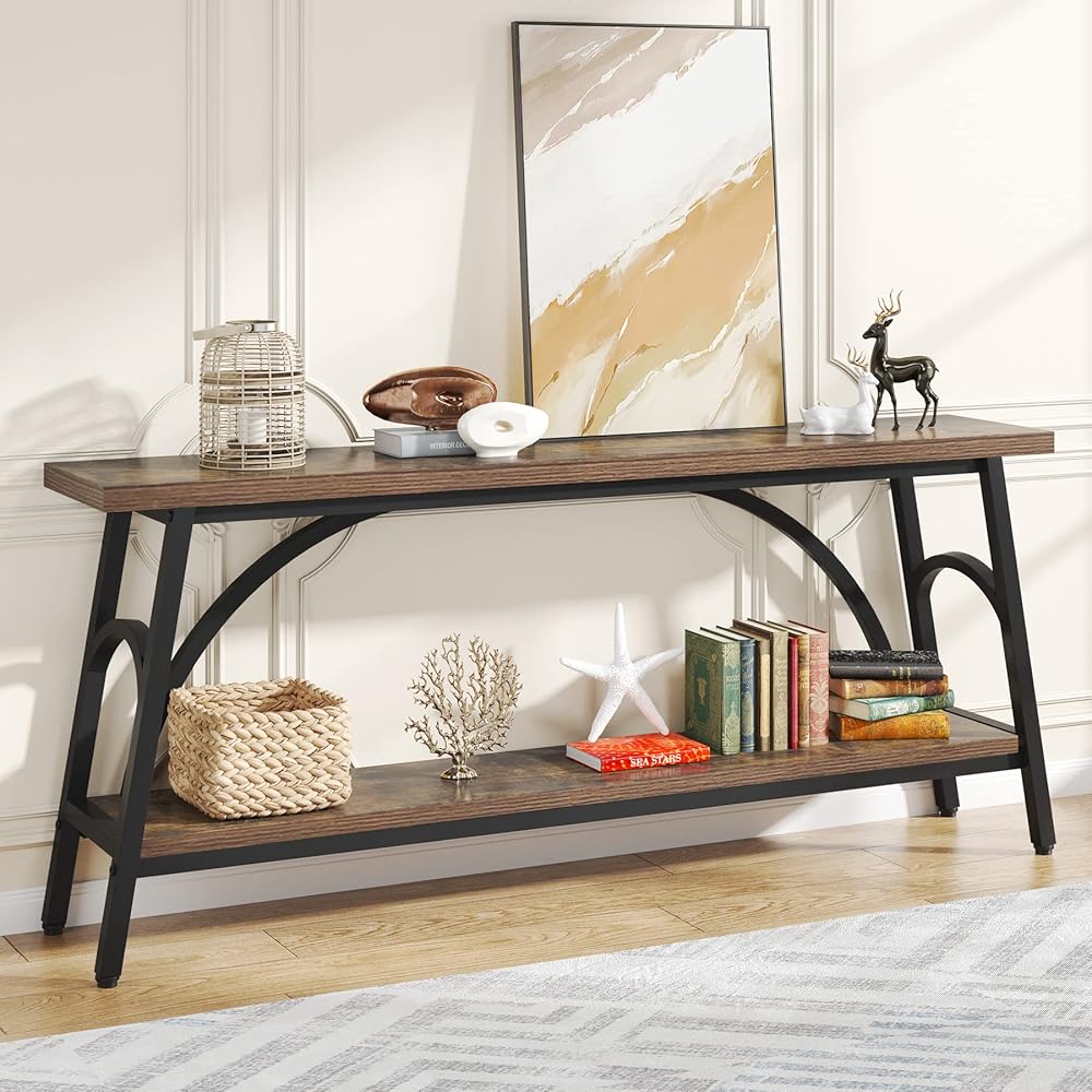 Tribesigns Extra Long Sofa Tables, 70.8鈥滳onsole Table for Entryway, Wood Console Table 2 Tier TV Stand, Behind Couch Table for Living Room, Rustic Brown Black : Home & Kitchen