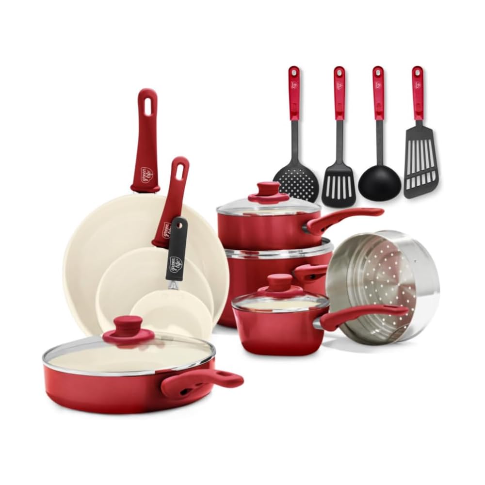 GreenLife 16 Piece Nonstick Cookware Set, Soft Grip Non-Toxic PFAS-Free Ceramic Pots & Pans, Dishwasher & Oven Safe, Frying, Sauce, Saute, Utensils, Glass Lids, Stay-Cool Handles, Wobble Free, Red: Home & Kitchen