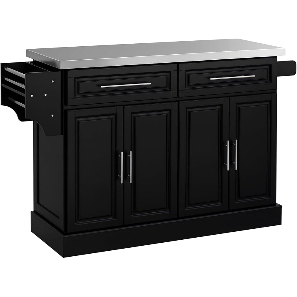 HOMCOM Rolling Kitchen Island Cart with Wheels, Portable Island Table for Kitchen with Stainless Steel Top, Adjustable Shelves, 2 Drawers, Spice, Knife and Towel Rack, Black : Home & Kitchen