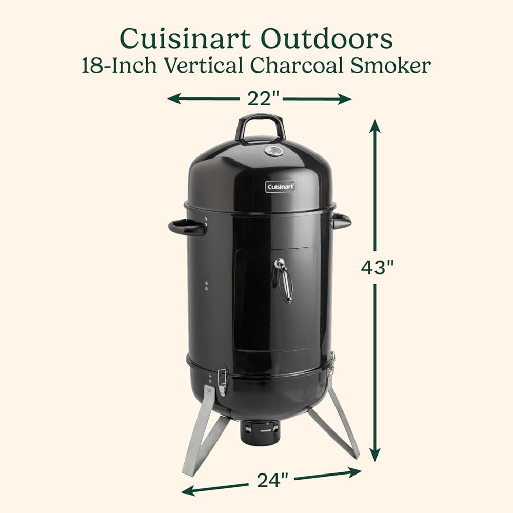 Cuisinart 18” Vertical Charcoal Smoker, Integrated Thermometer, Water Bowl and Dual Vents Perfect for Smoked Brisket, Chrome Plated Grates Smoker Grill for BBQ, Camping, Tailgates