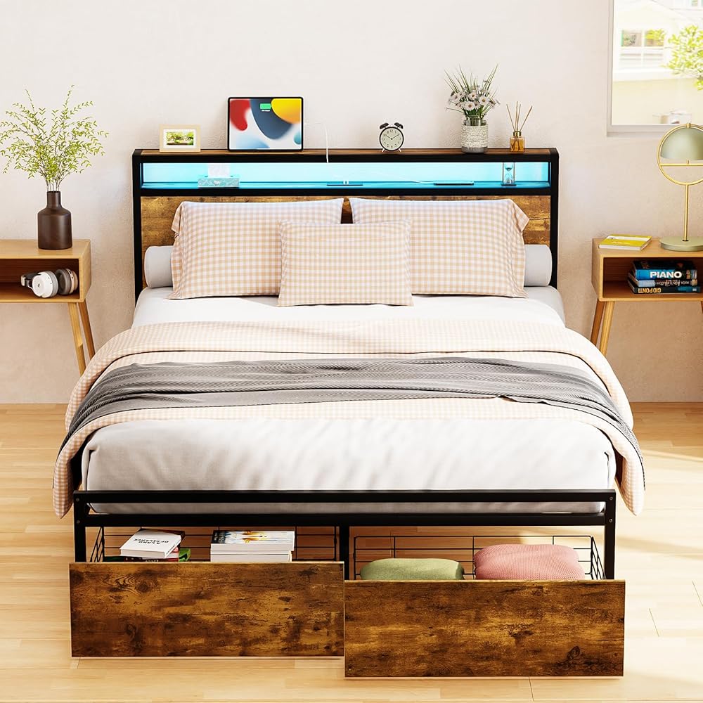 Zevemomo Queen Bed Frame with Storage Drawers, Bed Frame Queen Size with Headboard, LED Light, Charging Station with 3 USB Ports & 1 Type-C Port, No Noise, Rustic Brown : Home & Kitchen