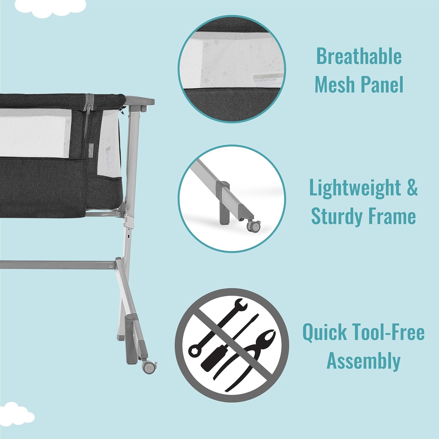 Dream On Me Skylar Bassinet and Beside Sleeper in Black, Lightweight and Portable Baby Bassinet, Five Position Adjustable Height, Easy to Fold and Carry Travel Bassinet, JPMA Certified