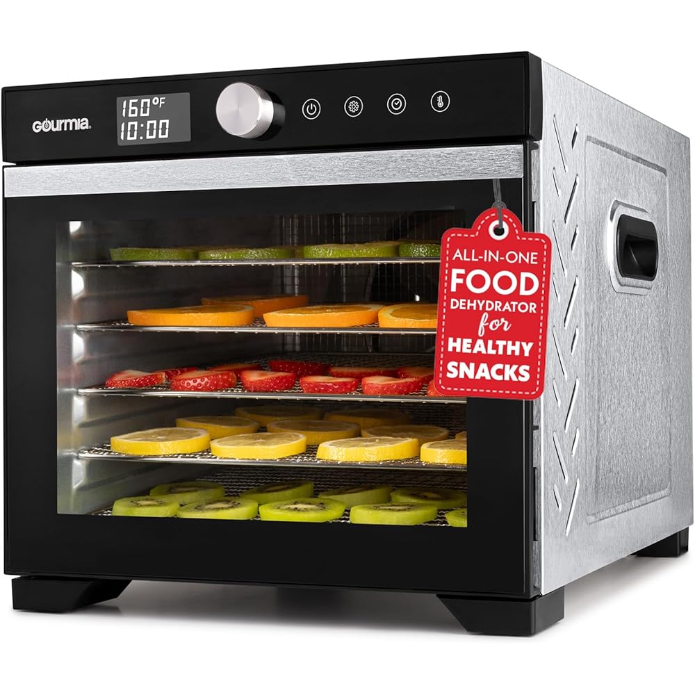 Gourmia Digital Food Dehydrator – 6 Stainless Steel Trays, 360° Airflow, One-Touch Presets, Adjustable Temp 95–165°F, Timer, Glass Door, Quiet Operation, 600W – Healthy Snacks, Jerky, Fruits & More: Home & Kitchen