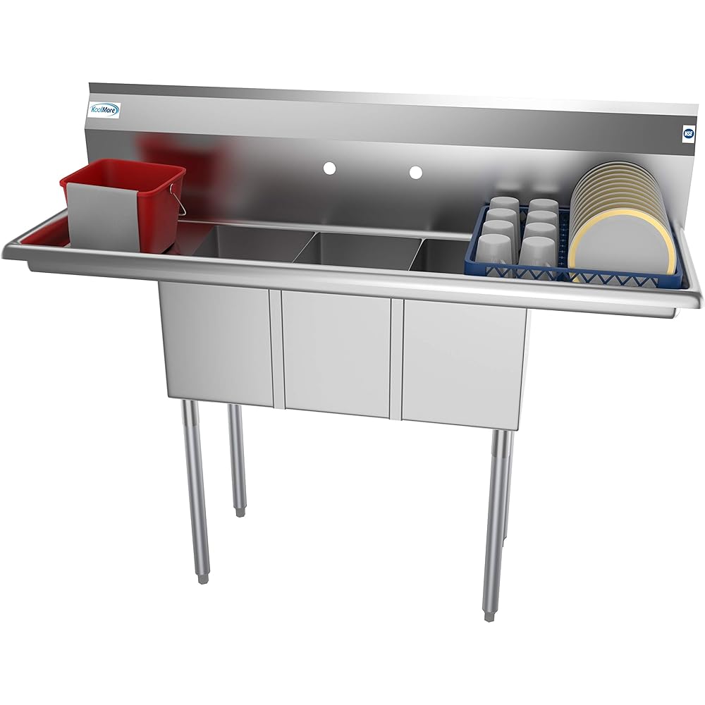 KoolMore - SC101410-12B3 3 Compartment Stainless Steel NSF Commercial Kitchen Sink with Right and Left Drainboards - Bowl Size 10