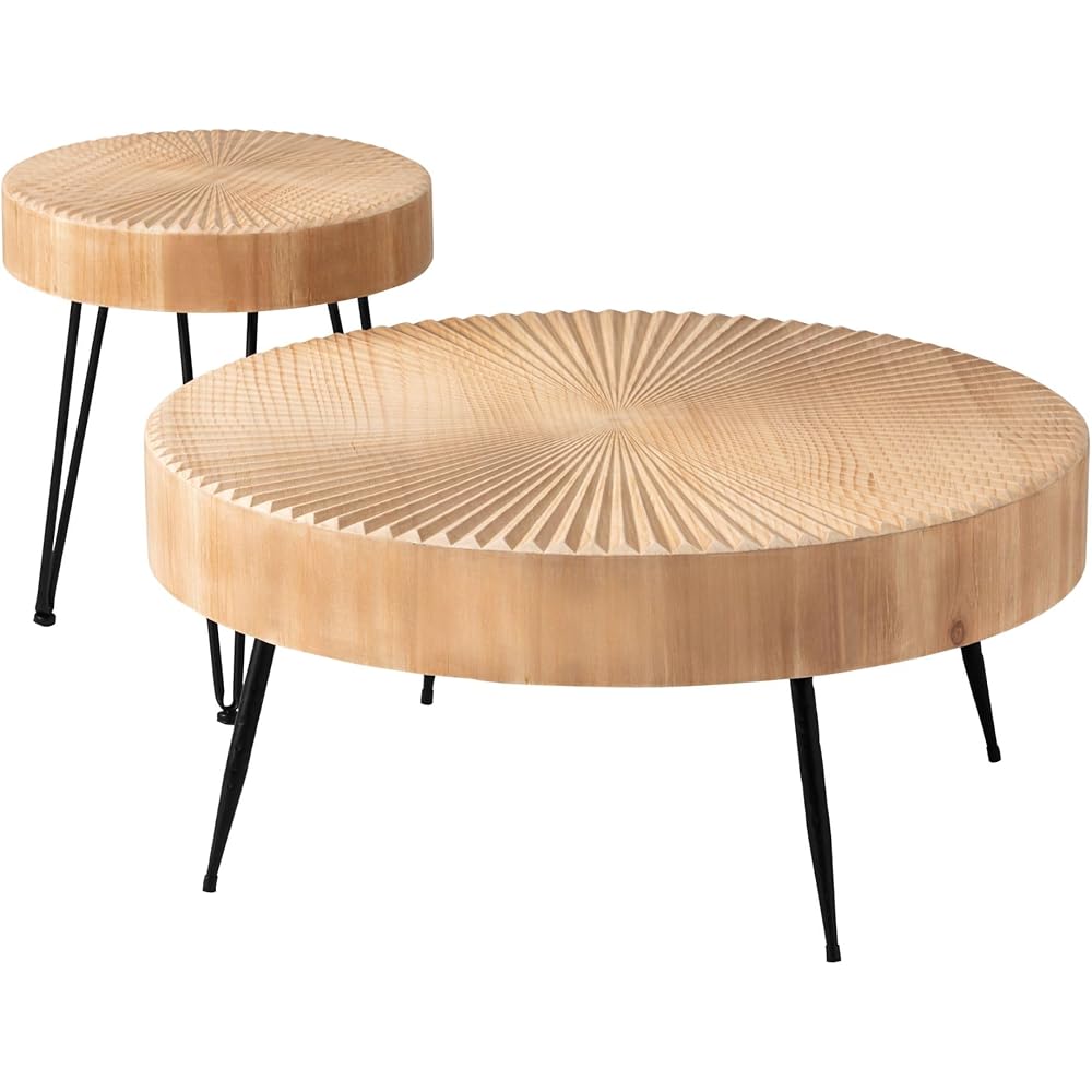 2-Piece Modern Farmhouse Living Room Coffee Table Set, Nesting Table Round Natural Finish with Handcrafted Wood Radial Pattern : Home & Kitchen