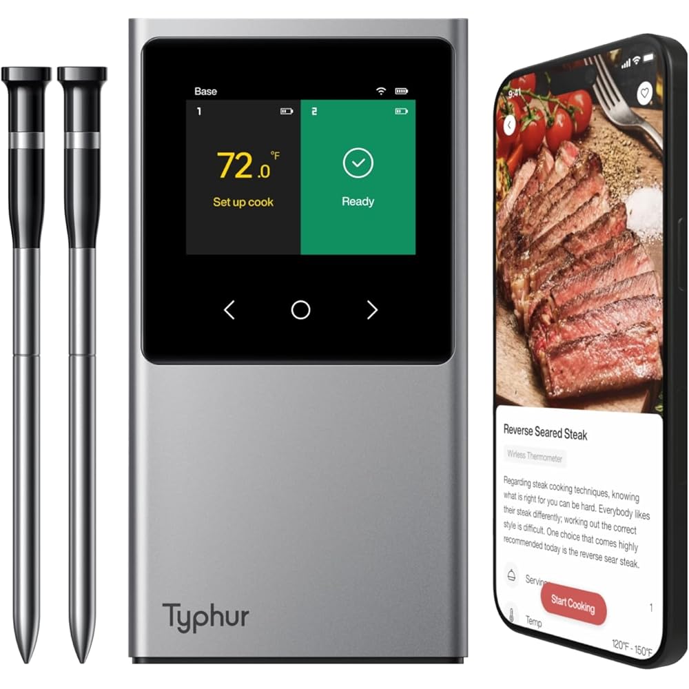 Typhur Sync WiFi Wireless Meat Thermometer Digital, 2 Probes, Smart Base, LCD Display, Unlimited Range, Bluetooth 5.4, Improved Stability, NIST-Certified Accuracy, BBQ, Grill, Smoker, Oven, Kitchen: Home & Kitchen