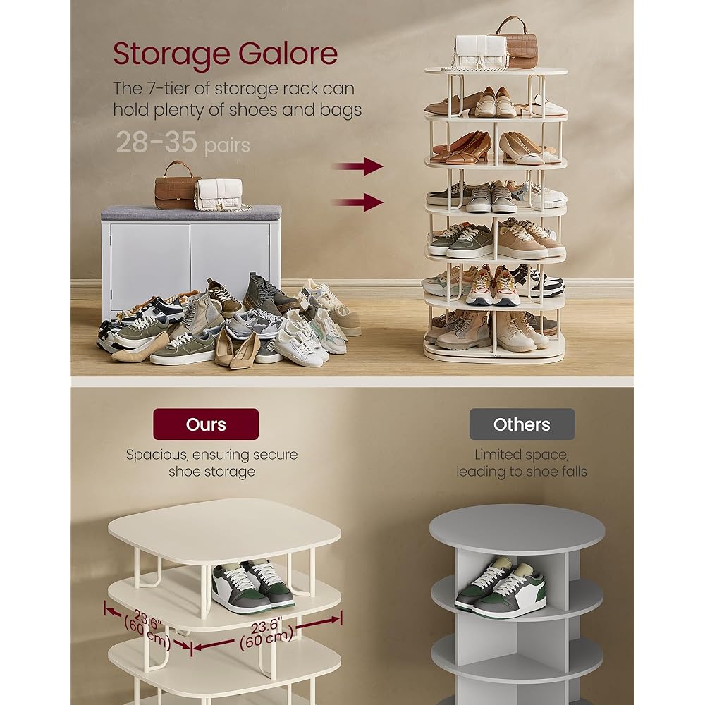 VASAGLE 7-Tier Shoe Rack, Rotating Shoe Rack Tower, Shoe Closet Organizer, Shoe Shelf, 28-35 Pairs, 23.6 x 23.6 x 47.2 Inches, for Entryway, Living Room, Closet, Cream White ULBS041W01 : Home & Kitchen