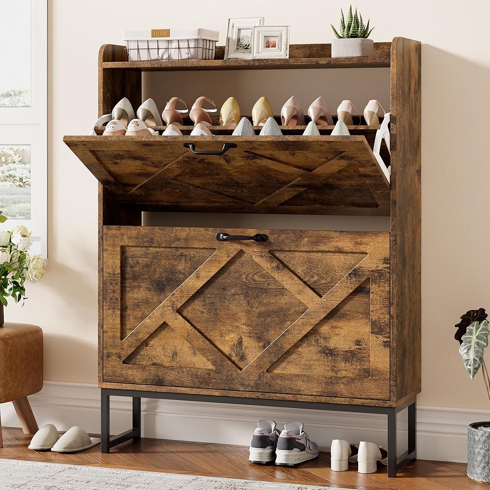 Nicetree Shoe Cabinet with 2 Flip Drawers, Freestanding Shoe Organizer with Metal Legs, Narrow Shoe Rack Cabinet, Farmhouse Slim Shoe Storage Cabinet for Entryway, Foyer, Hallway, Rustic Brown : Home & Kitchen