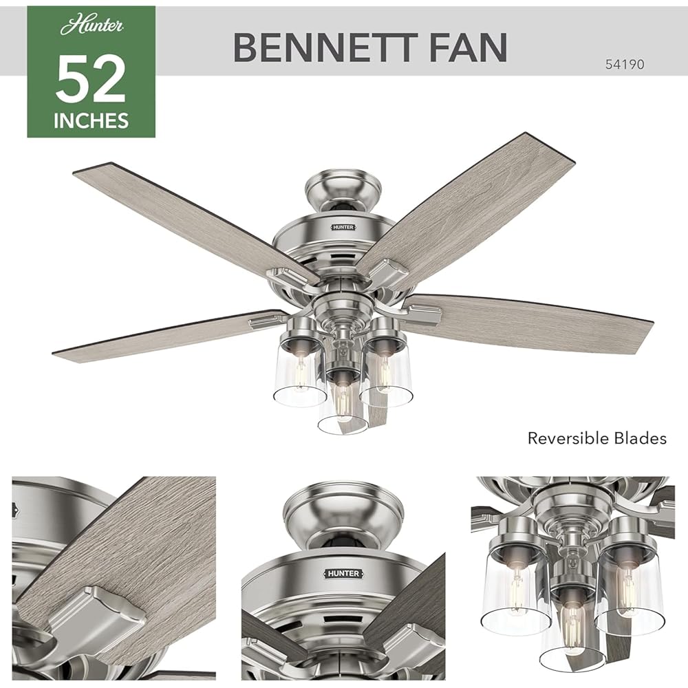Hunter Fan Company, 54190, 52 inch Bennett Brushed Nickel Ceiling Fan with LED Light Kit and Handheld Remote