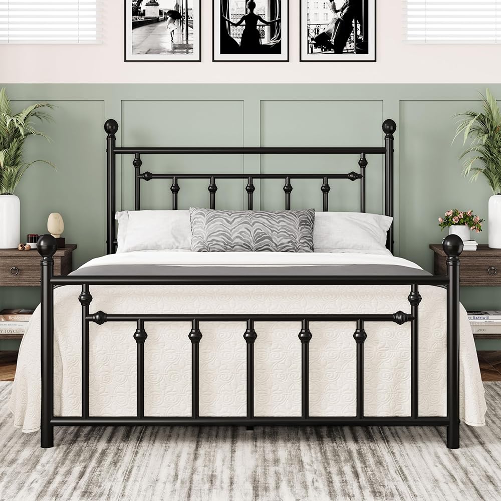 Allewie 14 Inch Queen Size Metal Platform Bed Frame with Victorian Vintage Headboard and Footboard/Mattress Foundation/Under Bed Storage/No Box Spring Needed/Easy Assembly/Noise Free/Black : Home & Kitchen