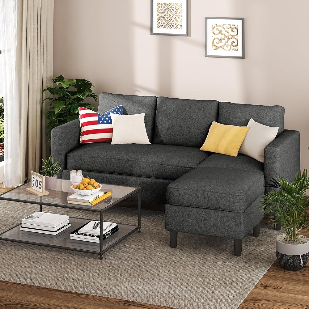 Shintenchi Small Sectional Couch Sofas, 3 Seat L Shape Sofa with Ottoman, Fabric Upholstered Convertible Sofa Couches, Small Couch for Apartments, Living Room and Office (Black) : Home & Kitchen