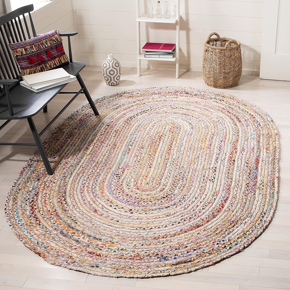 SAFAVIEH Cape Cod Collection Area Rug - 5' x 8' Oval, Beige & Multi, Handmade Boho Braided Jute & Cotton, Ideal for High Traffic Areas in Living Room, Bedroom (CAP202B) : Home & Kitchen