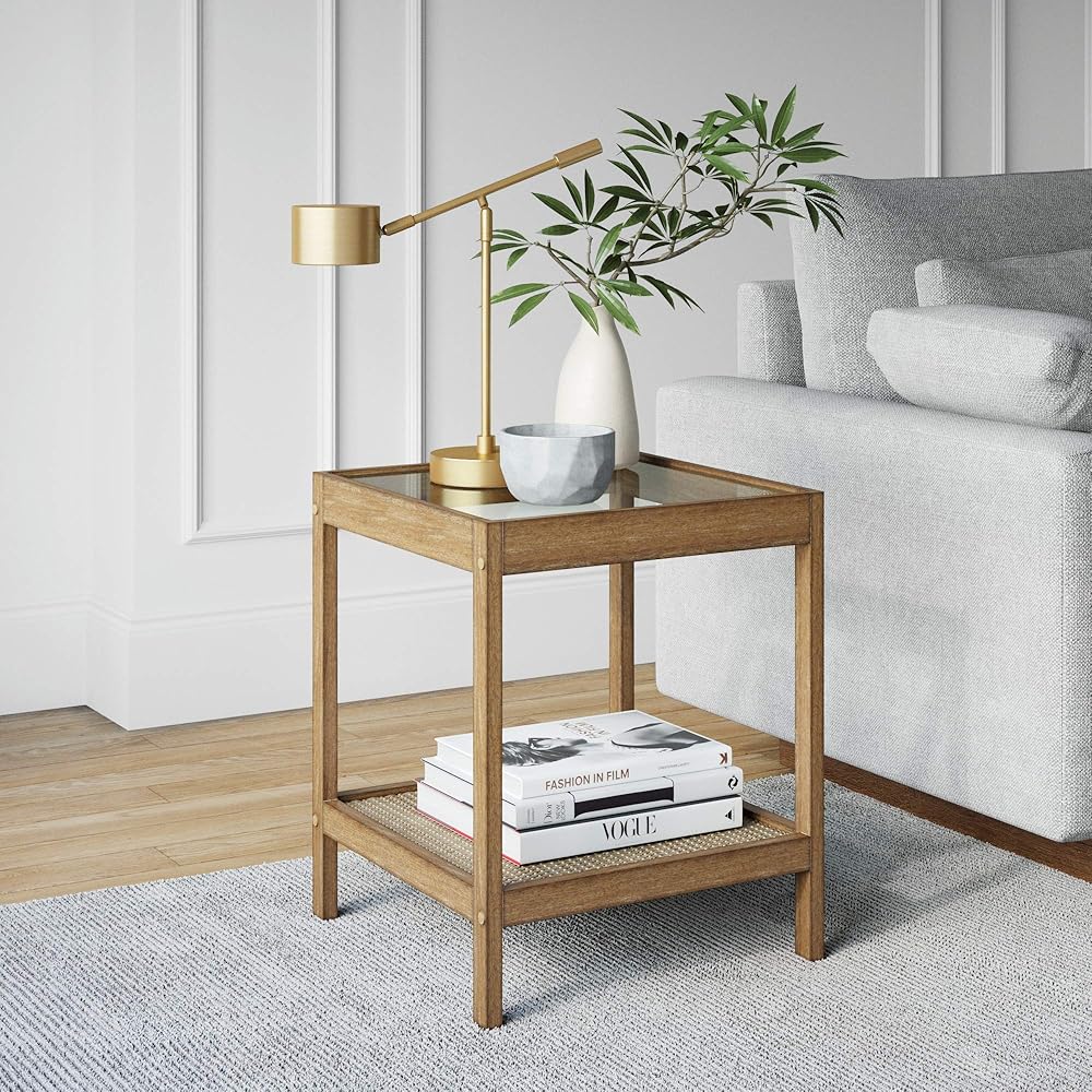 Nathan James 33301 Hayes Solid Wood Nightstand, Bedside, End or Side Table in Light Brown Wood Finish & Glass Top with Open Storage Shelf, 18 in x 18 in x 22 in : Home & Kitchen