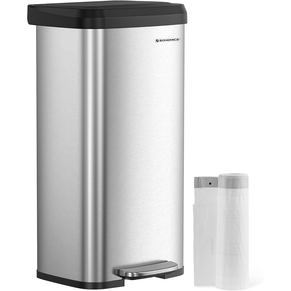 SONGMICS Kitchen Trash Can, 18-Gallon Stainless Steel Garbage Can, with Stay-Open Lid and Step-on Pedal, Soft Closure, Tall, Large and Space-Saving, Silver and Black ULTB520E68 : Home & Kitchen