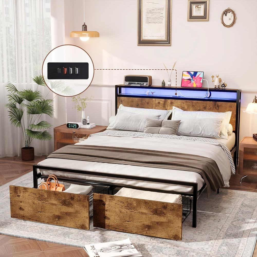 Kiivakii Bed Frame Queen Size with Charged Headboard, Platform Metal Bed with 2 Drawers Storage, RGB LED Lights, Noise-Free No Box Spring Needed, Rustic Brown : Home & Kitchen