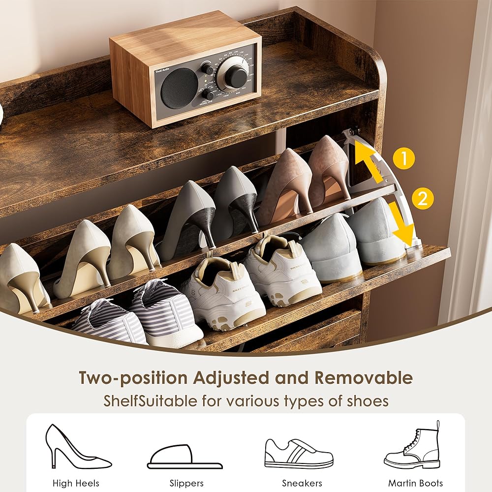 Nicetree Shoe Cabinet with 2 Flip Drawers, Freestanding Shoe Organizer with Metal Legs, Narrow Shoe Rack Cabinet, Farmhouse Slim Shoe Storage Cabinet for Entryway, Foyer, Hallway, Rustic Brown : Home & Kitchen