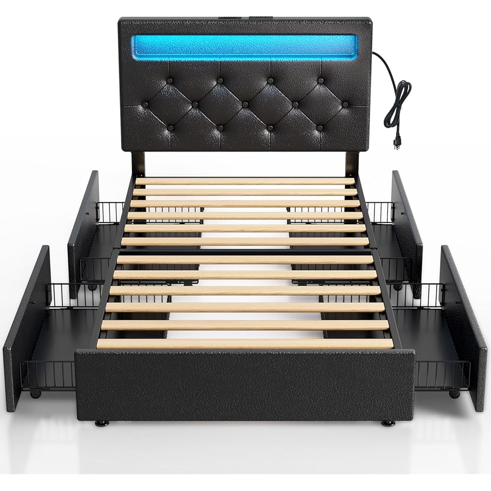 Rolanstar Twin Size Bed Frame with Charging Station and LED Lights, Upholstered PU Leather Bed with Adjustable Headboard and 4 Storage Drawers, No Box Spring Needed, Easy Assembly, Black : Home & Kitchen