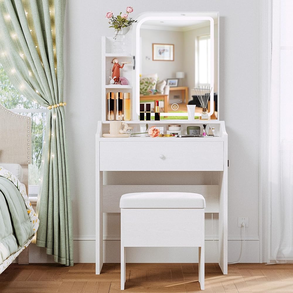 LIKIMIO Small Makeup Vanity Desk with Mirror and Lights, Vanity Table Set with Storage Drawer, Chair and Three Shelves, Bedroom, White : Home & Kitchen