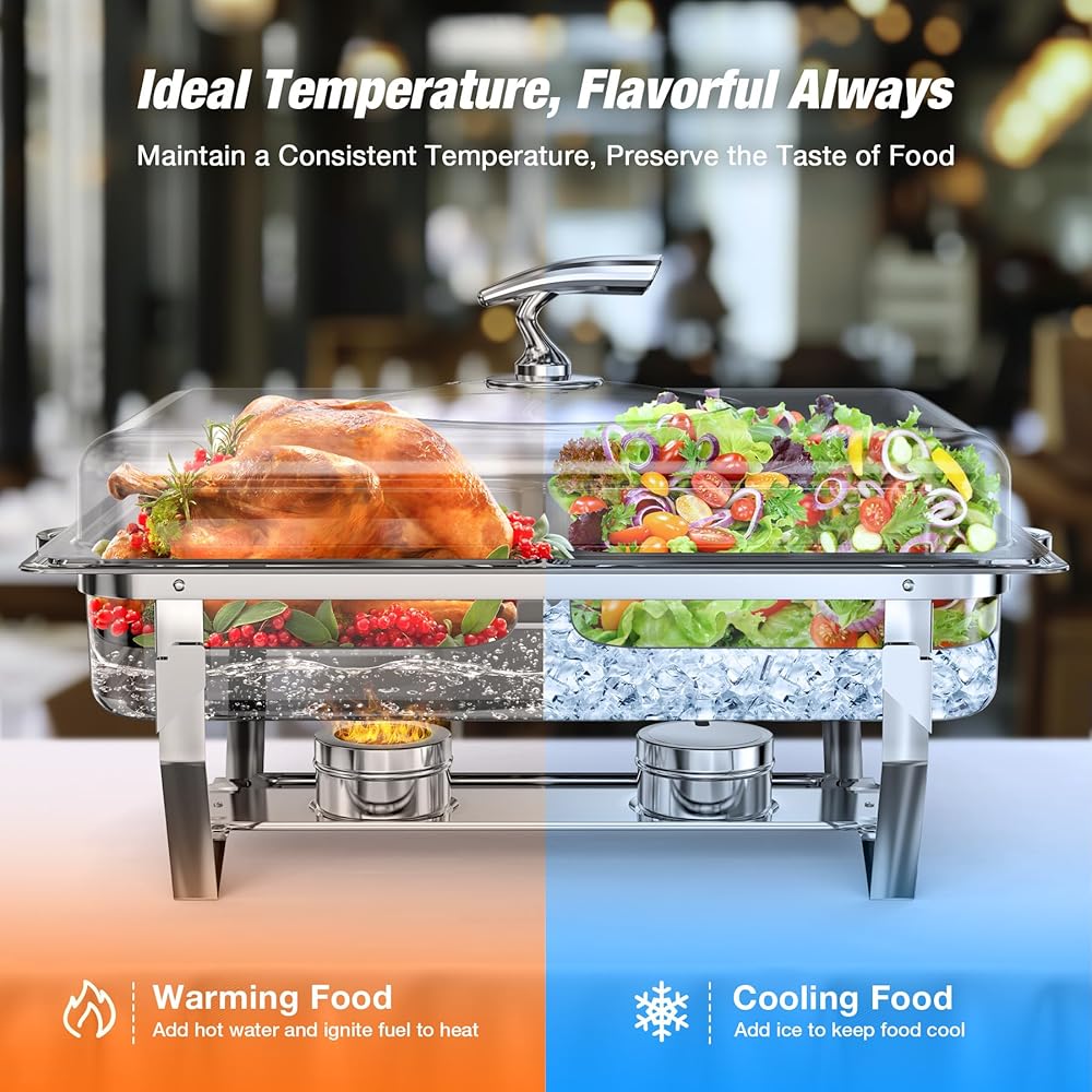 WARMOUNTS Chafing Dishes for Buffet with Glass Lid (9QT, 4Pack) - Food-Grade Stainless Steel, Rolled Edge Design, Foldable Frame, Lid Holder, Buffet Servers and Warmers Parties, Catering, Weddings: Home & Kitchen