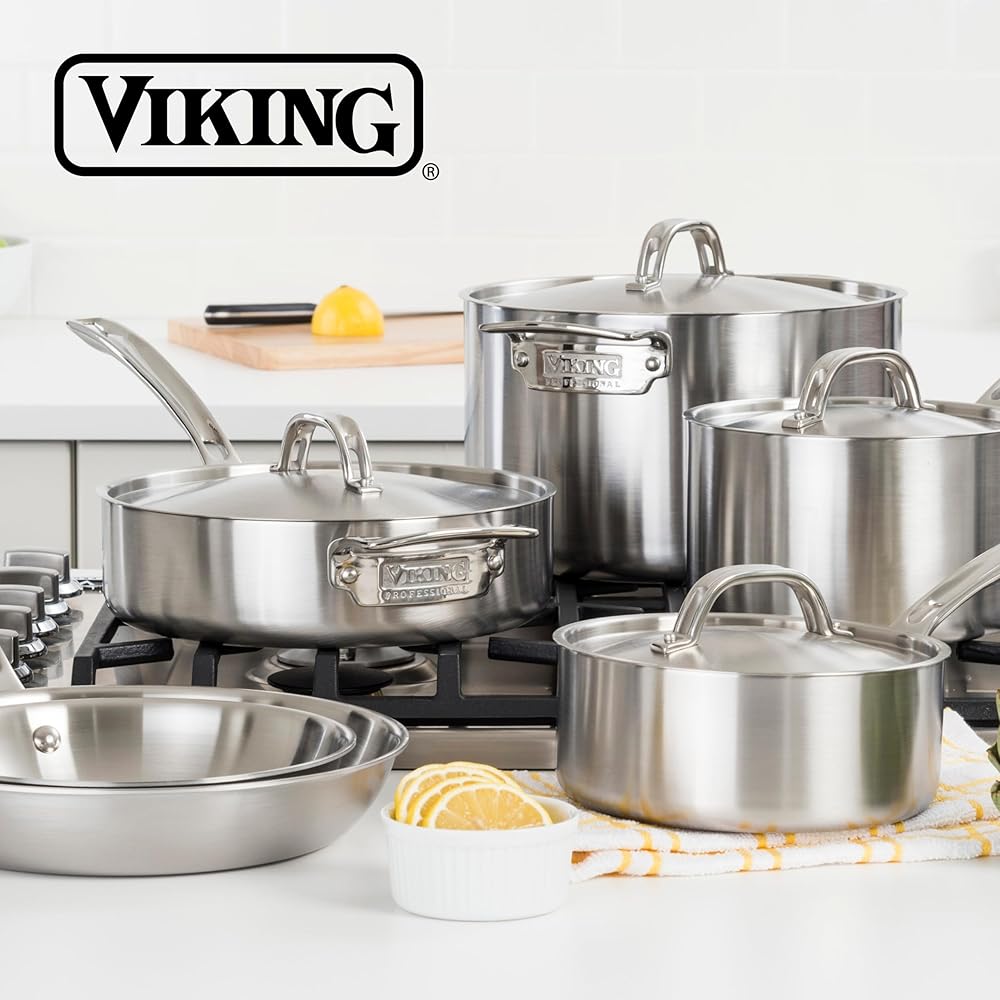 Viking 3-Ply Pots and Pans Set, 13 Piece Stainless Steel Cookware, Glass Lids, Strainer, Silver: Home & Kitchen