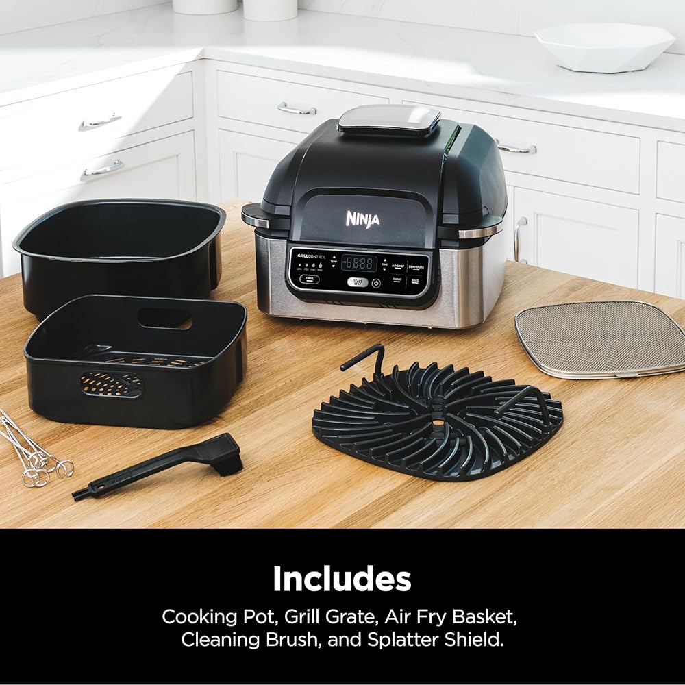 Ninja | Indoor Grill | Foodi | 5-in-1 (Grill, Air Fry, Roast, Bake, and Dehydrate | Fits up to 3lb Roast | Smoke Control System and Dishwasher Safe Parts| Black/Grey | AG301