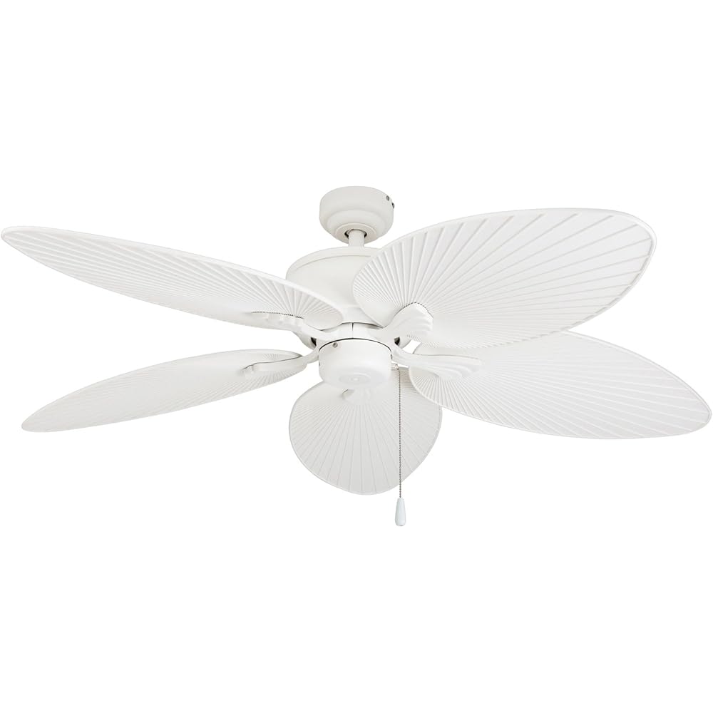 Prominence Home Solana, 52 Inch Tropical Indoor Outdoor Ceiling Fan with Light, Pull Chain, Three Mounting Options, Weather Resistant Palm Leaf Blades - 80018-01 (White) -