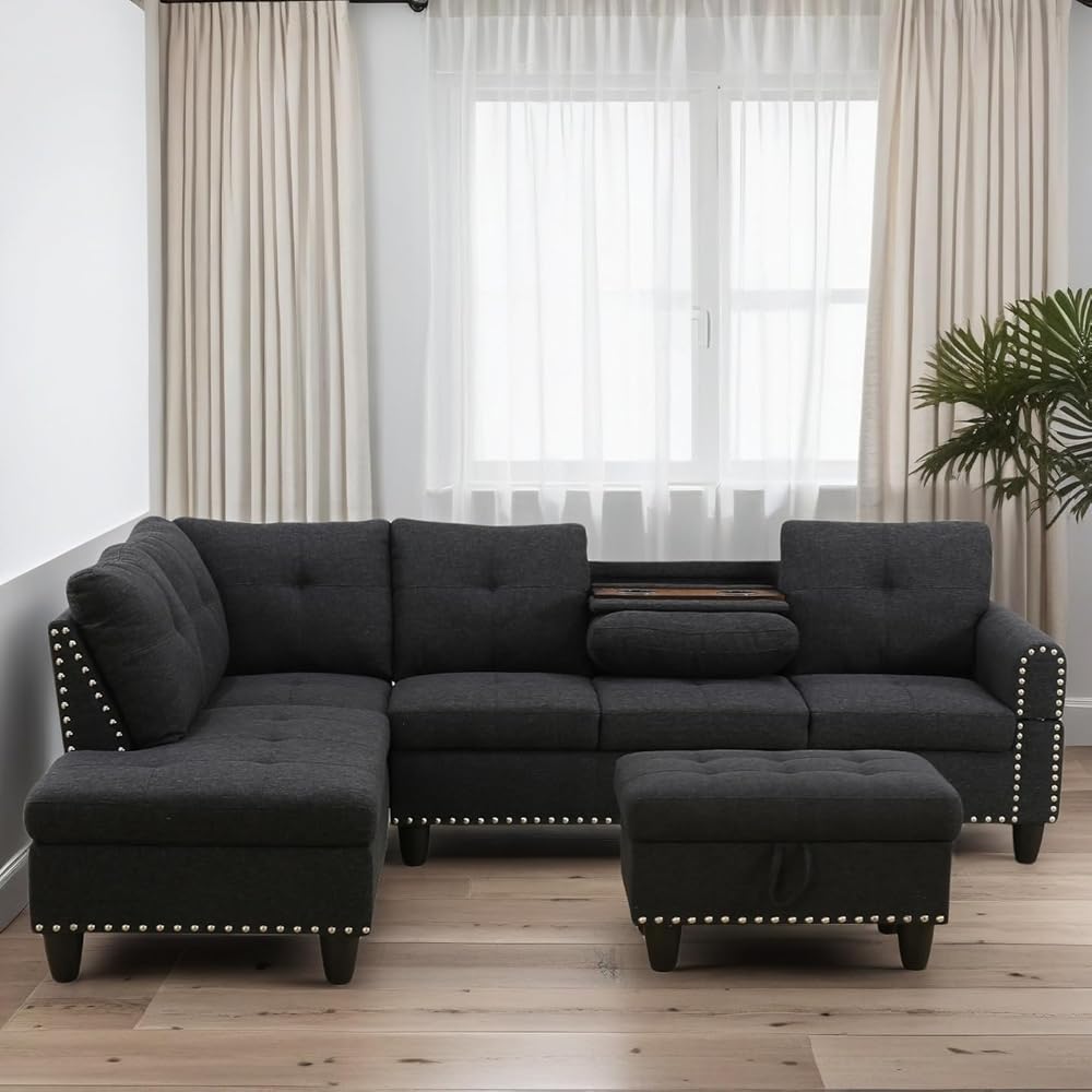 Trygoal L Shaped Couches for Living Room, Sectional Couch Living Room Furniture with Storage Ottoman, Modular Sectional Sofa with Movable Chaise for Apartment Office, Black Grey : Home & Kitchen