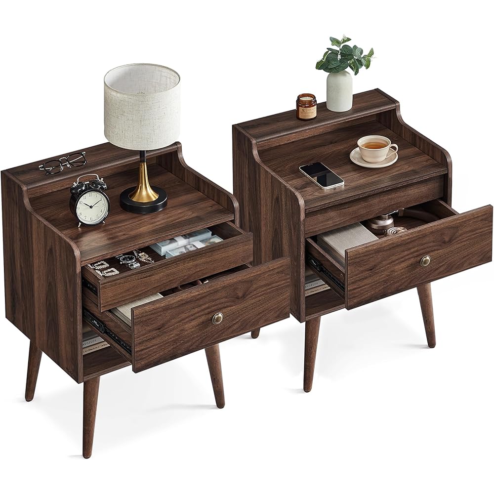 VASAGLE Nightstands, Set of 2, Bedside Tables with Hidden Drawers, Mid-Century End Side Tables with Solid Wood Legs, for Bedroom, Natural Walnut ULET624K01 : Home & Kitchen