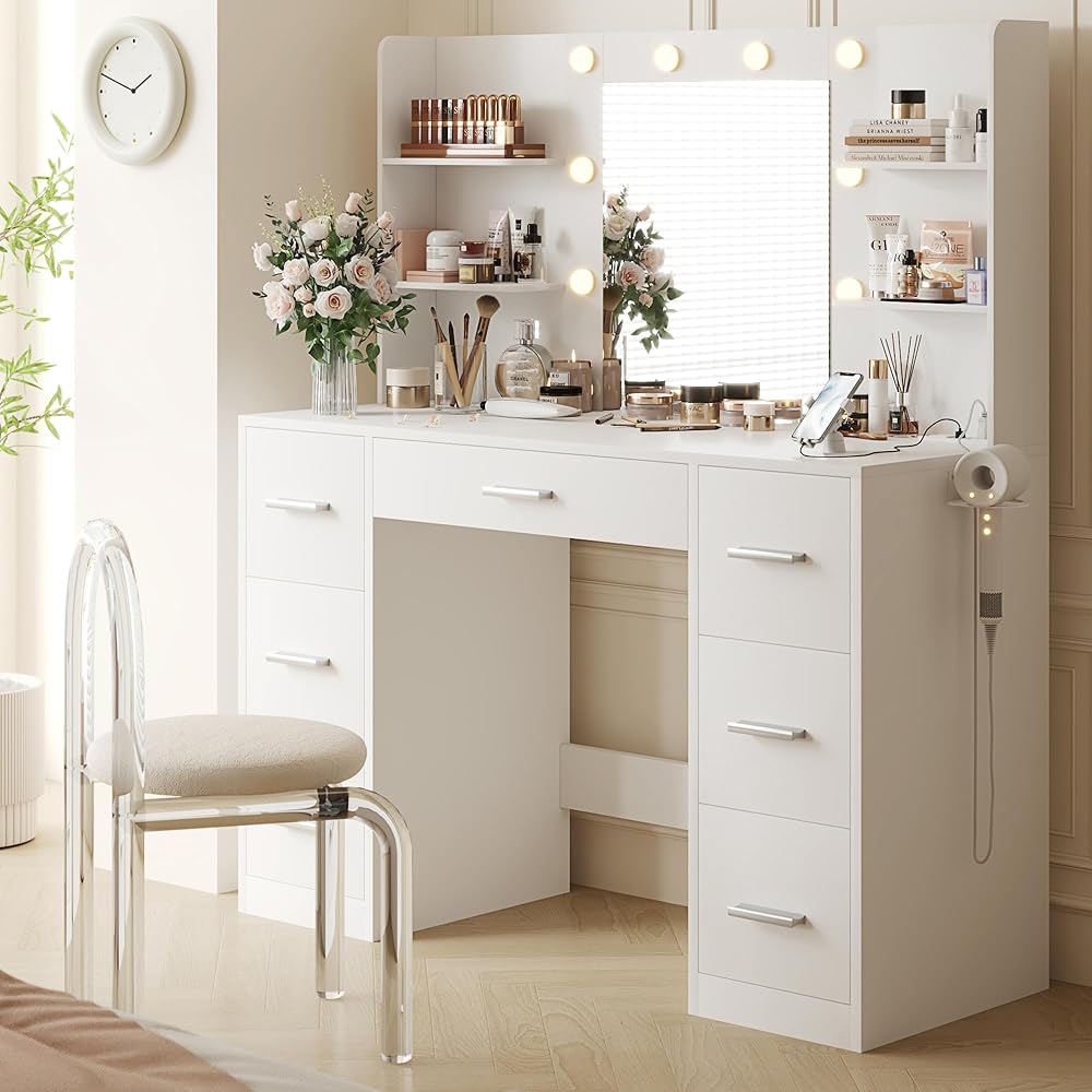YESHOMY Vanity Desk with Mirror, Power Outlet and 10 Lights, Makeup Table with 7 Drawers, 3 Color Modes Available for Bedroom, White : Home & Kitchen