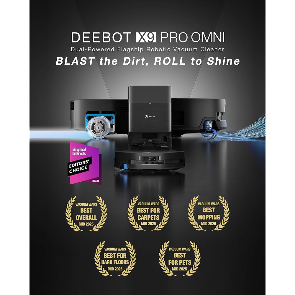 - ECOVACS DEEBOT X9 PRO Omni Robot Vacuum and Mop, Blast™ 16,600Pa Suction, OZMO Roller Instant Self-Washing Mopping, ZeroTangle™ 3.0, Triple Lift System, AI Smart Navigation, Hands-Free Omni Station