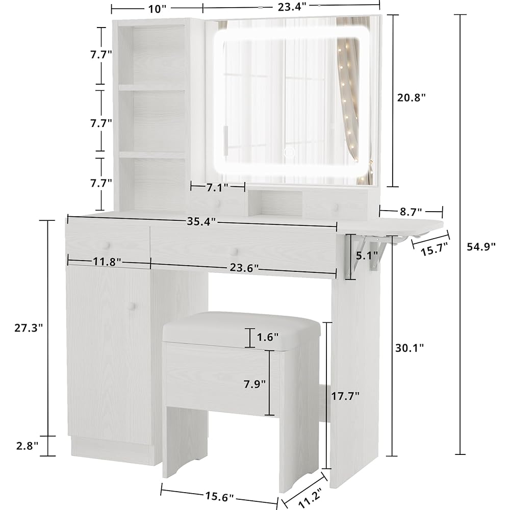 LIKIMIO Vanity Desk with Drawers & LED Lighted Mirror & Power Outlet & Cabinet, Storage Stool, Stylish Bedroom Makeup Table Set, White : Home & Kitchen