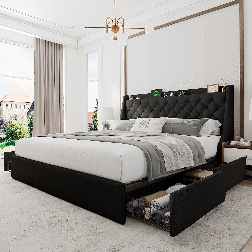 Einhomn King Size Bed Frame with 4 Storage Drawers, Upholstered Bed Frame with Wingback Headboard, Charging Station, No Box Spring Needed, Easy Assembly, Black : Home & Kitchen